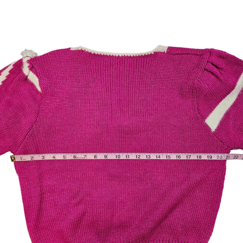 Vintage Jaclyn Smith Hot Pink White Bow Sweater Sz L Pearl Bead Granny Coquette - Picture 16 of 16